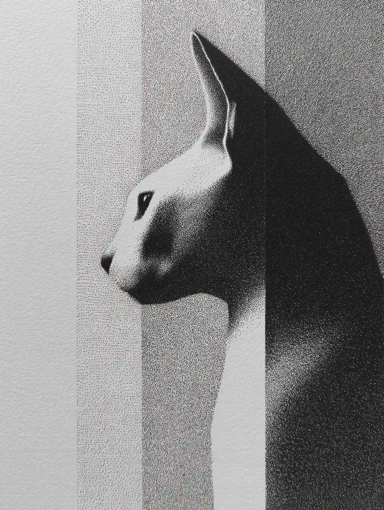 A striking pointillist drawing depicts a cat's profile, rendered in varying shades of gray.  The artist uses densely packed dots to create a realistic texture and depth, contrasting lighter areas with deep blacks. The cat's elegant form is emphasized by the sharp lines and subtle shading, giving it a three-dimensional quality. The background features vertical stripes, enhancing the image's overall composition.