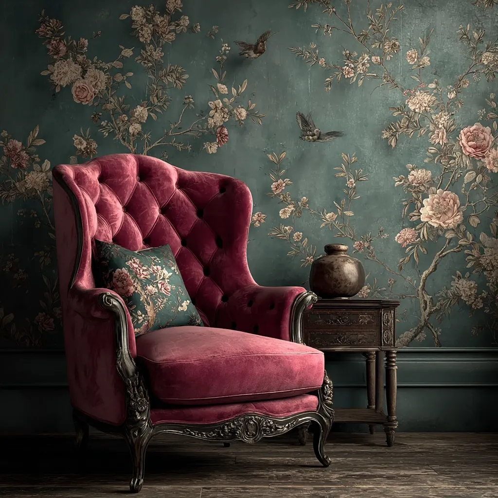 A crimson velvet wingback armchair with ornate detailing sits against a teal wall adorned with a floral wallpaper depicting blossoming branches and birds.  A matching floral pillow rests on the chair.  A dark wooden side table with a dark vase sits beside the chair, completing the opulent, vintage aesthetic of the room.  The dark wood floor adds to the rich, sophisticated ambiance.