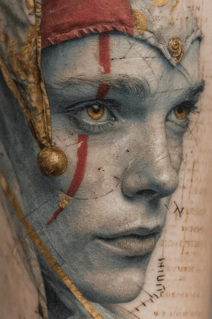 A close-up of a realistic tattoo depicting a person's face. The subject appears androgynous, wearing a jester's cap adorned with gold detailing. Their skin tone is a muted blue-gray, with red markings resembling war paint or stylized scars.  The eyes are striking, with amber irises.  The background features faded script, adding a mystical or historical context to the image.  The overall style is highly detailed and hyperrealistic.