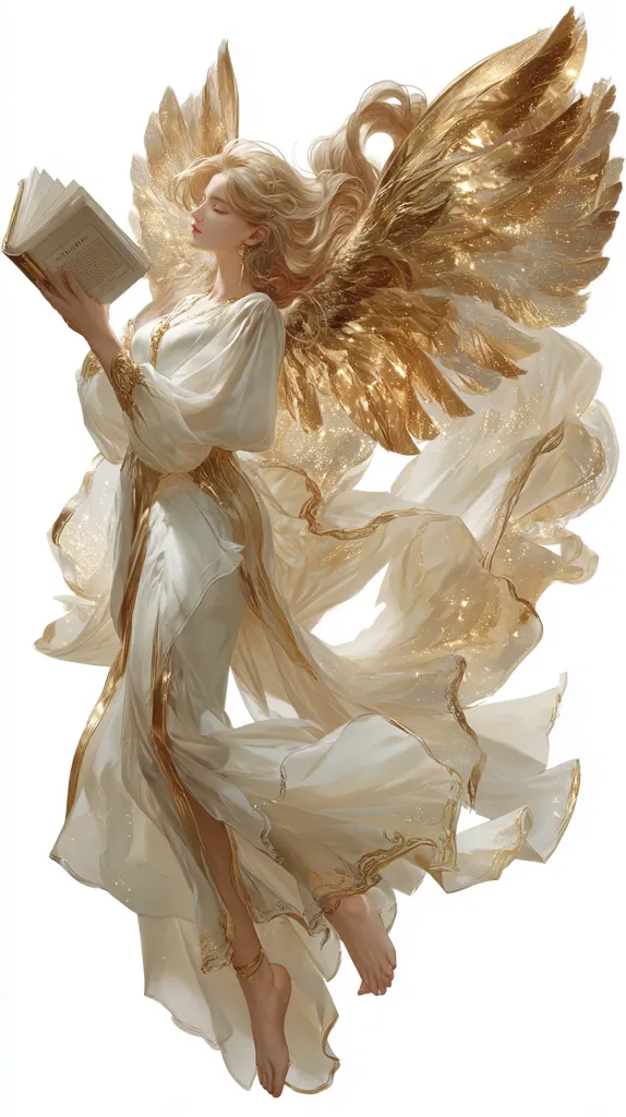 A graceful angel with flowing blonde hair and large, golden wings is depicted.  She wears a flowing, off-white gown adorned with gold accents and is gently holding an open book.  The image is ethereal and light, with a soft focus and a sense of serene movement.  The overall aesthetic is one of celestial beauty and tranquility.