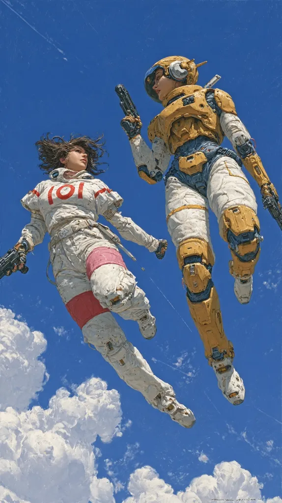 Two figures, a woman in a white, distressed spacesuit and a robotic woman in yellow and white armor, float against a vibrant blue sky dotted with fluffy white clouds.  Both are armed with pistols, their gazes meeting in a tense standoff.  The artwork has a futuristic, slightly gritty aesthetic, suggesting a scene of conflict or exploration in space.