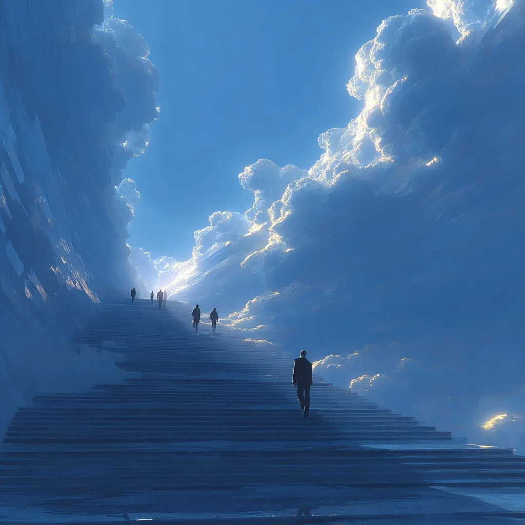 A long staircase ascends into a breathtaking sky filled with voluminous clouds.  Several silhouetted figures climb the steps, moving towards a bright, ethereal light emanating from the heavens. The scene evokes a sense of ascension, journey, and hope, with the vastness of the sky emphasizing the scale of the climb and the figures' aspirations.  The overall mood is serene and awe-inspiring.