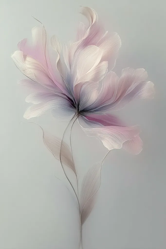 A delicate floral artwork showcases a single, stylized bloom in soft pastel hues of pink and gray.  The petals are rendered with a feathery, almost translucent quality, suggesting lightness and airiness.  The slender stem and leaves extend gracefully, contributing to the overall ethereal and elegant aesthetic. The muted background enhances the flower's delicate beauty.