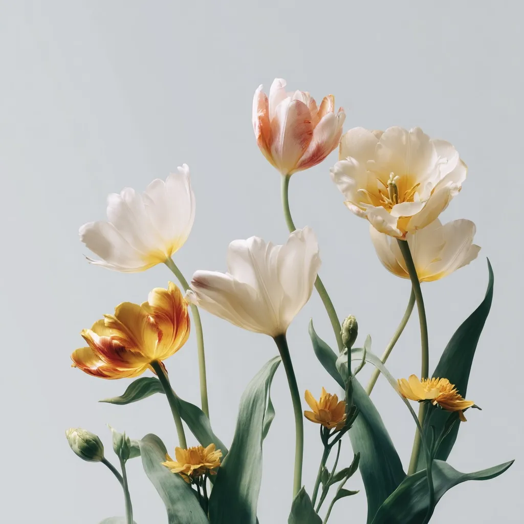 A bouquet of delicate tulips and smaller yellow flowers against a muted blue-gray background.  The tulips are primarily off-white and pale yellow, with one showing hints of peach and another a rich yellow-orange.  The stems are long and slender, creating an elegant, airy arrangement.  The soft lighting enhances the subtle colors and textures of the blooms.