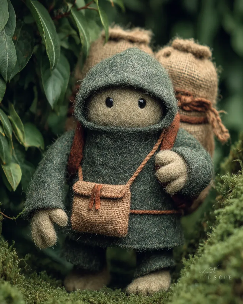 A charming felted creature, resembling a small gnome or traveler, stands amidst lush greenery.  Clad in a dark green hooded robe, it carries two burlap sacks and a small satchel, suggesting a journey.  The figure's soft, fuzzy texture and large, expressive eyes create a whimsical and endearing presence within the natural setting.