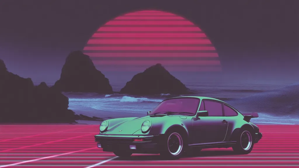 A teal Porsche 911 Turbo sits on a neon-pink gridded road overlooking a tranquil ocean scene.  Dark silhouettes of rocks frame the shoreline under a stylized, striped, magenta sunset. The overall aesthetic evokes a retro 1980s synthwave vibe.  The image blends realistic car rendering with a fantastical, almost dreamlike, landscape.