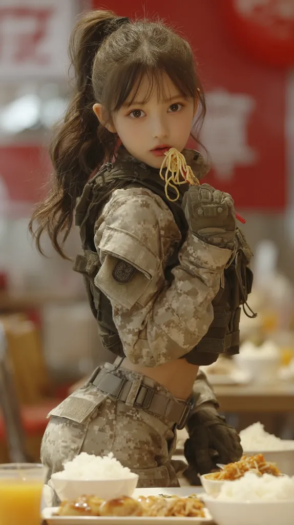 A young woman with her hair in a high ponytail is eating noodles while wearing a camouflage military-style outfit. She is sitting at a table with several bowls of food, including rice and what appears to be chicken.  The setting seems casual, possibly a canteen or informal dining area.  Her expression is serious, yet she's enjoying her meal.