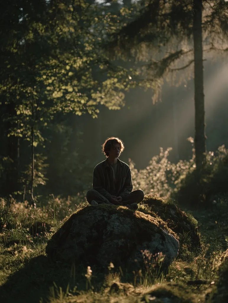 A person sits cross-legged on a moss-covered rock in a sun-dappled forest.  Backlit by the morning sun filtering through the trees, their silhouette is stark against the soft green and brown hues of the natural surroundings.  The scene evokes a sense of peace and tranquility, a moment of quiet contemplation in nature.