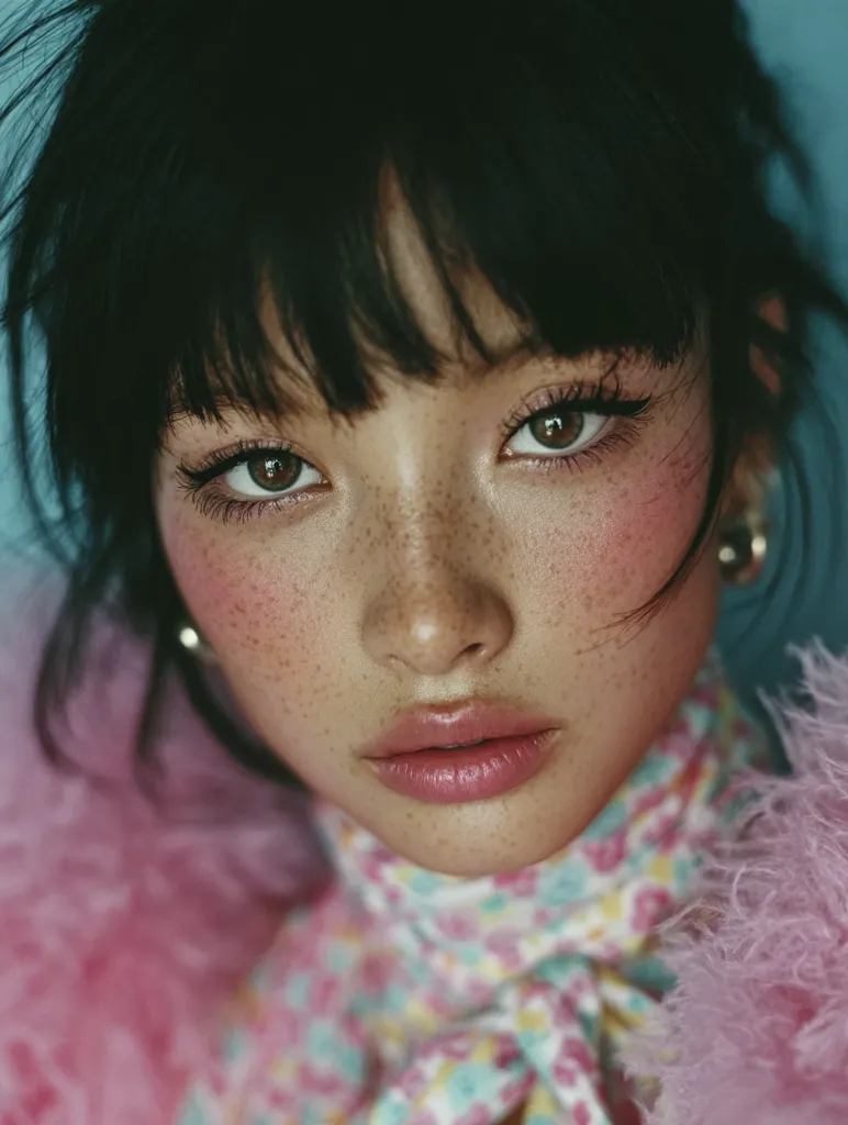 Close-up portrait of a young woman with dark, blunt bangs.  She has light skin adorned with freckles and rosy cheeks, accentuated by soft makeup.  Her gaze is direct, and she wears a pastel floral collared top beneath a fluffy pink garment.  The overall aesthetic is soft, dreamy, and slightly retro.