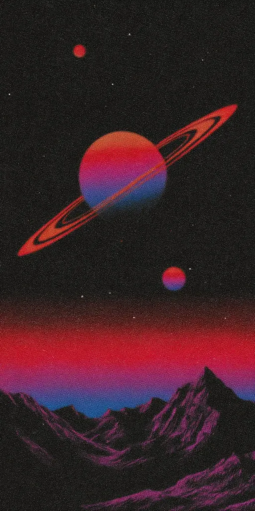A vibrant, retro-styled artwork depicts a ringed planet with a gradient of red and blue, set against a dark, starry sky.  Two smaller celestial bodies are visible.  Below, a range of dark, silhouetted mountains sits before a dramatic, red and purple sunset or sunrise gradient. The overall aesthetic evokes a sense of cosmic mystery and vintage sci-fi.