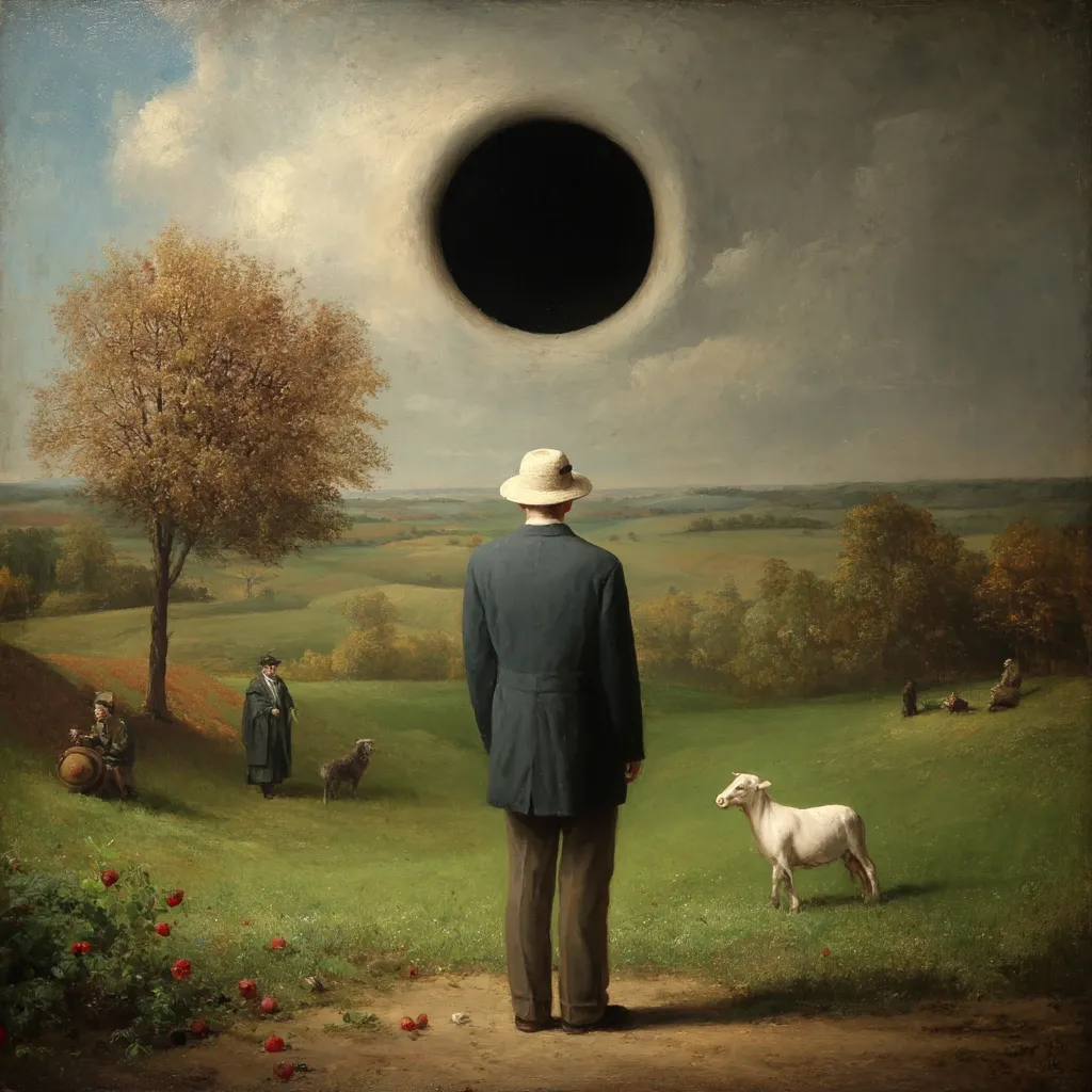 A man in a hat stands with his back to the viewer in a pastoral landscape.  A large black circle dominates the sky above.  In the distance, small figures are visible, along with a sheep. The scene evokes a sense of mystery and contemplation, possibly symbolic of existential themes or the vastness of the unknown. The painting’s style is realistic, with muted colors and a calm atmosphere.