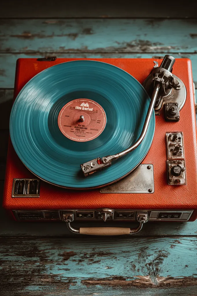 A vintage portable record player in burnt orange sits on a teal wooden surface.  A teal vinyl record spins on the turntable, the label visible. The tonearm rests on the record.  The overall aesthetic is retro and nostalgic, showcasing a classic piece of audio equipment.