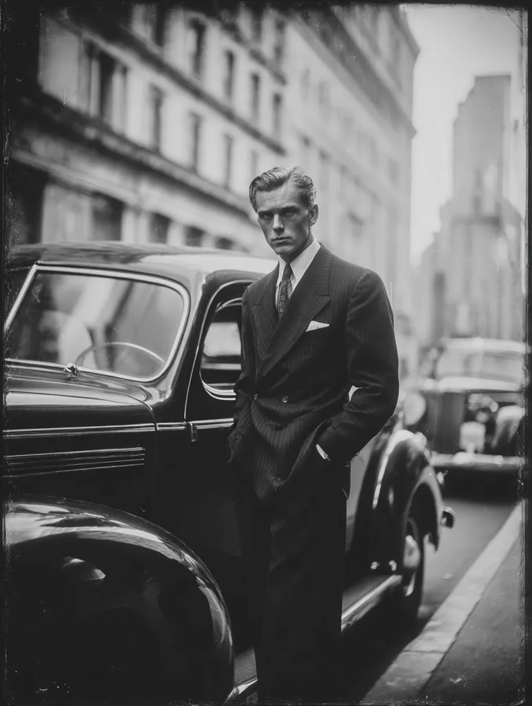 A black and white photograph captures a sharply dressed man in a pinstripe suit, standing confidently beside a vintage car on a city street. The background features a blurred yet discernible cityscape of buildings, adding depth to the image. The man's posture and attire exude a sense of style and sophistication, characteristic of a bygone era.  The contrast between the man, the car, and the urban setting creates a timeless and elegant composition.