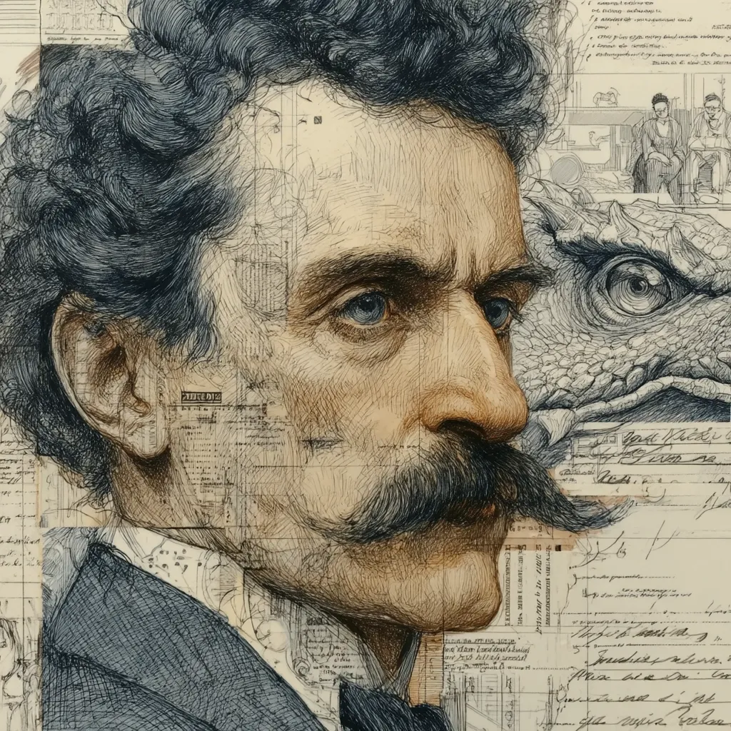 A detailed pen-and-ink drawing depicts a man's profile, possibly a historical figure, with a prominent mustache.  His face is intricately rendered, overlaid with fragments of documents and sketches, creating a collage effect.  Part of a reptilian creature's eye and scales are visible to the right, suggesting a fantastical or symbolic element. The overall style is meticulous and textured, blending realistic portraiture with a scrapbook-like aesthetic.