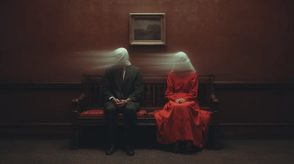 A man in a suit and a woman in a red dress sit on an antique bench against a dark red wall.  Their faces are obscured by white, blurred fabrics suggesting motion or a lack of identity. A painting hangs above them, adding to the somber, mysterious atmosphere of the image. The scene evokes a sense of stillness and unspoken tension.