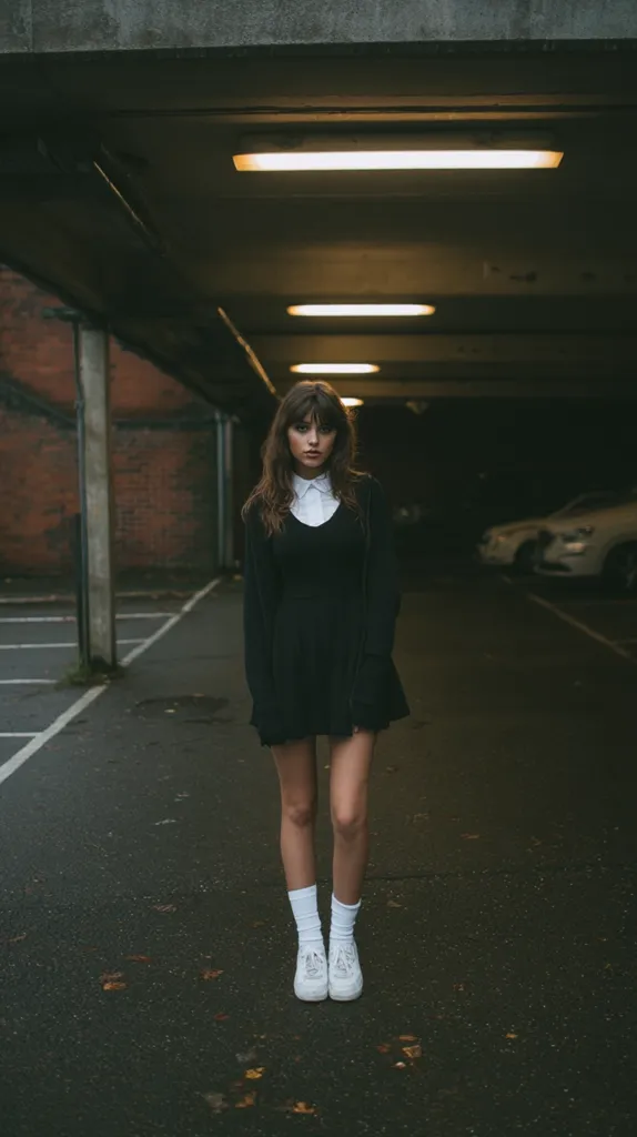 A young woman with long brown hair stands in a dimly lit parking garage. She wears a black skater dress over a white collared shirt, white socks, and white sneakers.  The parking garage is mostly empty, with a few cars parked in the background. The overall mood is somber and slightly mysterious.