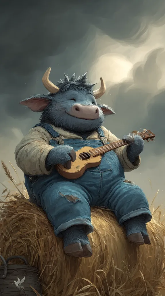 A whimsical illustration depicts a blue, furry bull, wearing denim overalls, serenely seated atop a hay bale.  The bull holds and plays a small ukulele, its expression peaceful and content.  The backdrop is a moody, cloudy sky, adding to the idyllic and slightly melancholic charm of the scene.  The overall style is reminiscent of children's book illustration.