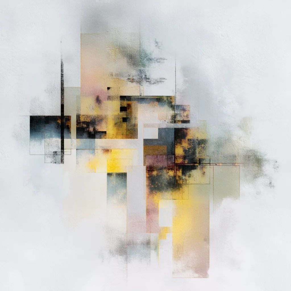 The artwork is an abstract composition featuring overlaid geometric shapes and textured brushstrokes.  Muted yellows, greys, and browns dominate the color palette, creating a sense of depth and layering.  The style blends geometric abstraction with painterly techniques, resulting in a piece that is both structured and expressive.  The overall effect is a sophisticated and contemplative image.