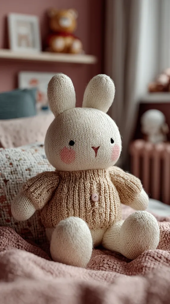 A hand-knitted bunny toy sits on a pink blanket.  The bunny is cream-colored with rosy cheeks and wears a beige cardigan. It has large, expressive eyes and a sweet, endearing expression. The setting is a cozy nursery, with soft lighting and other plush toys subtly visible in the background. The overall feel is warm, comforting, and inviting.