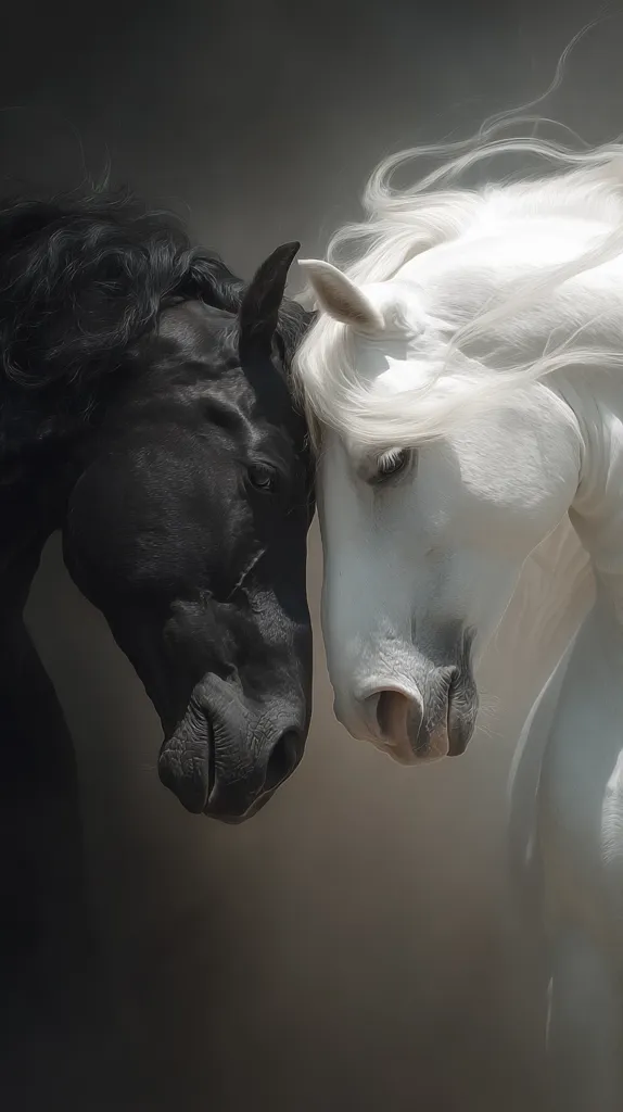 A captivating image showcases two magnificent horses, one black and one white, their heads gently nuzzled together.  The black horse's dark coat contrasts beautifully with the white horse's flowing mane and coat.  Both horses exhibit a serene expression, creating a powerful visual of contrasting beauty and peaceful connection against a muted background.