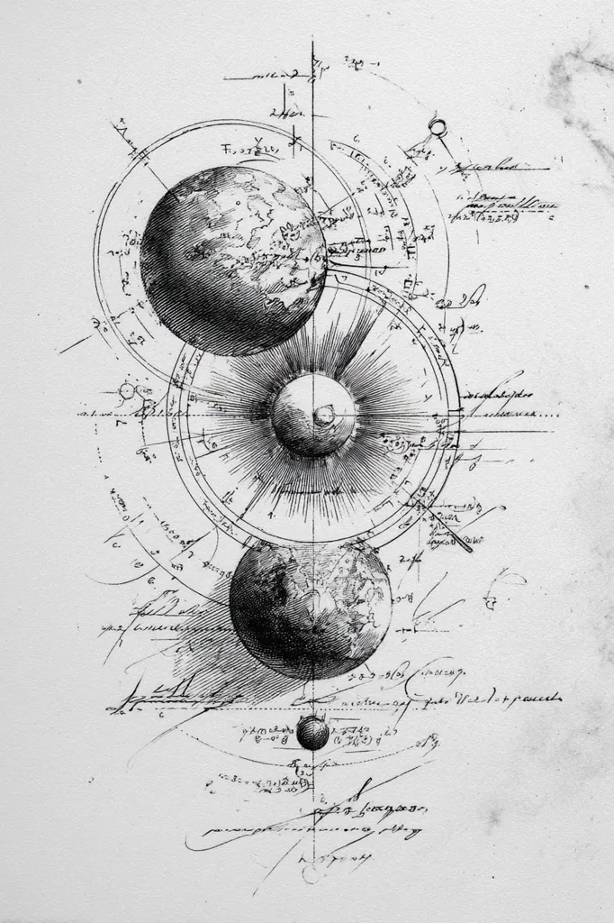 A monochromatic illustration depicts a celestial arrangement. Three spheres, possibly planets, are positioned within intricate geometric circles and lines, reminiscent of astronomical charts or diagrams.  Handwritten notes and calculations are scattered across the image, suggesting a scientific or alchemical study. The style evokes a vintage, possibly Renaissance, scientific manuscript.  The central sphere appears sun-like with radiating lines.  The overall impression is one of scholarly observation and cosmic order.