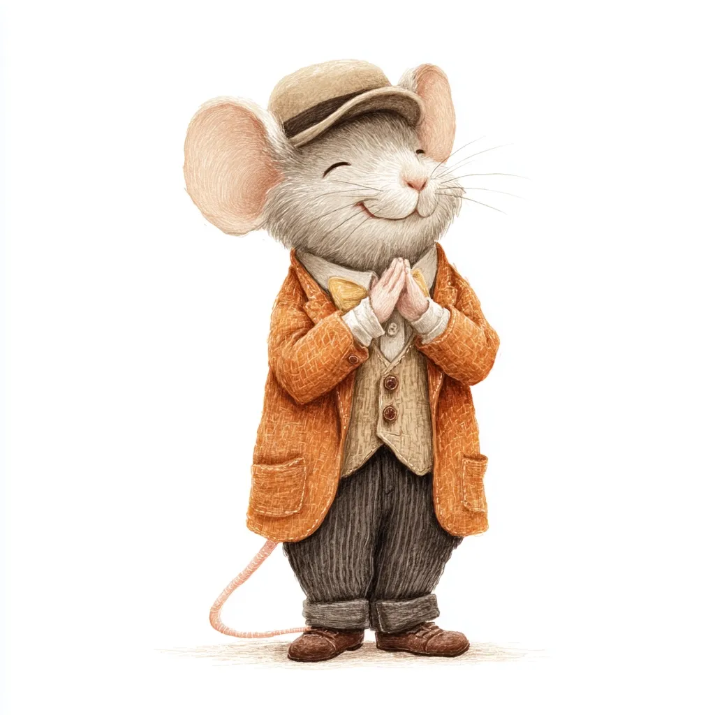 A charming illustration of an anthropomorphic mouse, dressed in a dapper orange jacket, waistcoat, and trousers.  He wears a newsboy cap and a yellow bow tie.  His hands are clasped politely before him, and he has a pleasant, almost reverent expression. The style is reminiscent of children's book illustration, with soft, detailed coloring.