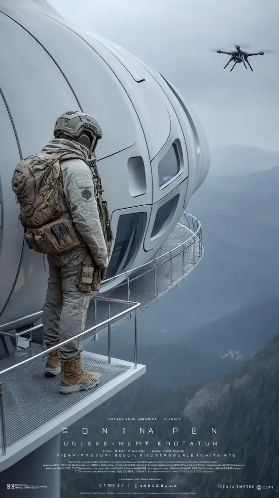 A soldier in tactical gear stands on a futuristic platform extending from a large, white, orb-like structure. A drone flies in the distance above a mountainous landscape. The poster features the title "SONINA PEN" and subtitle "UNLEGE MUMY ENOTATUM" in a minimalist style. The overall atmosphere is one of mystery and science fiction.