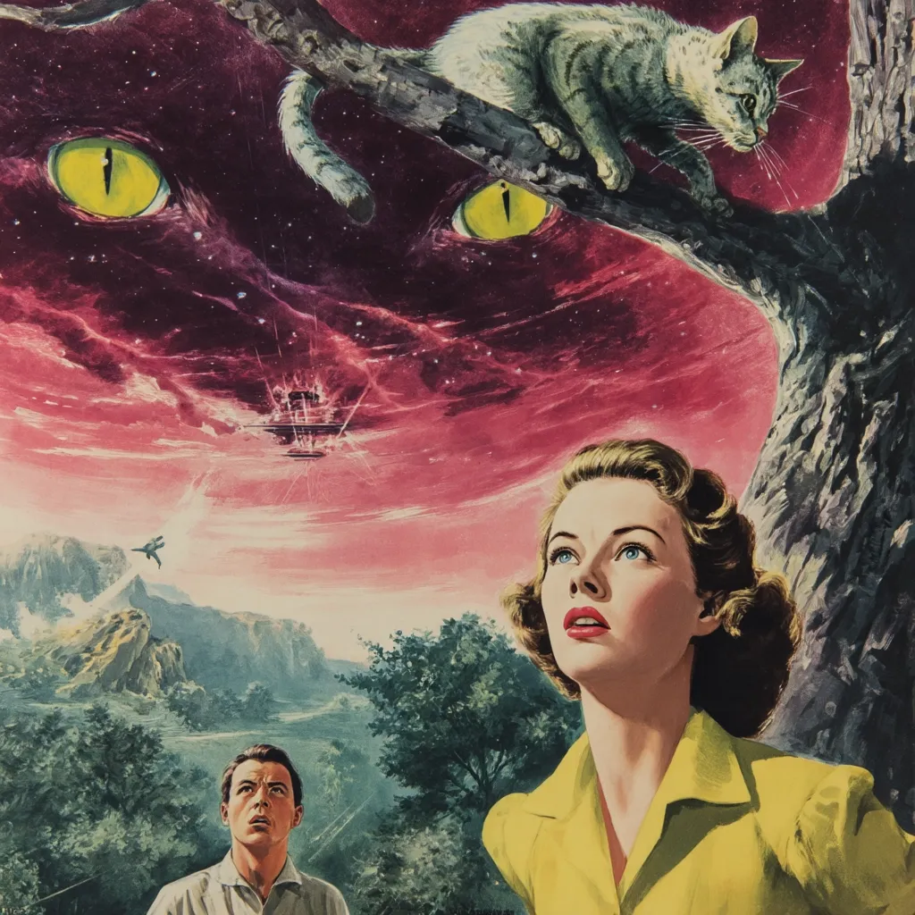 A mid-century science fiction illustration depicts a woman and man gazing upward at a bizarre, ominous sky.  Giant eyes peer from a swirling, crimson nebula, while a spacecraft descends.  A cat sits perched on a tree branch, silhouetted against the otherworldly spectacle. The scene blends surrealism with a sense of impending alien encounter. The overall mood is one of awe and apprehension.
