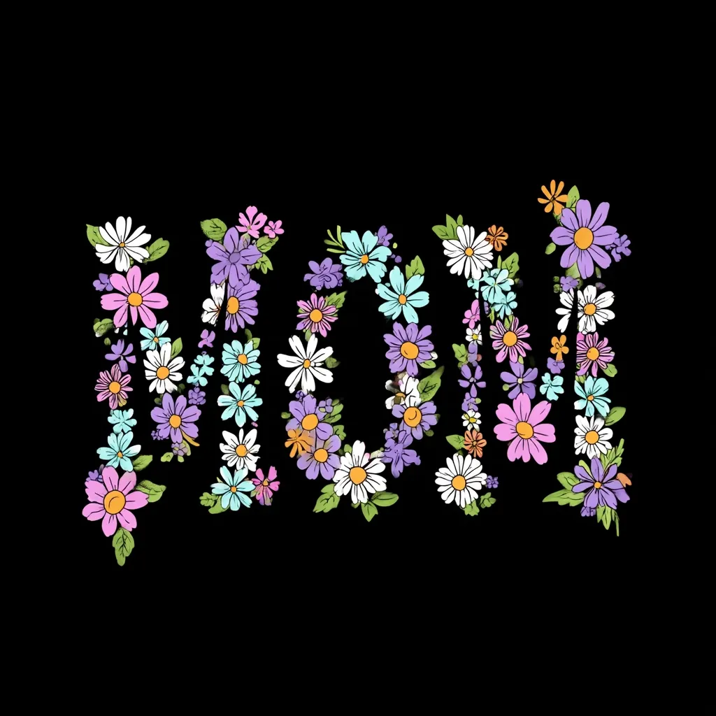The word "MOM" is depicted in colorful flowers against a black background.  The letters are formed by a variety of pastel-colored daisies and smaller wildflowers, creating a floral design.  The image is a sweet and simple Mother's Day or celebratory design, ideal for cards, prints, or apparel.