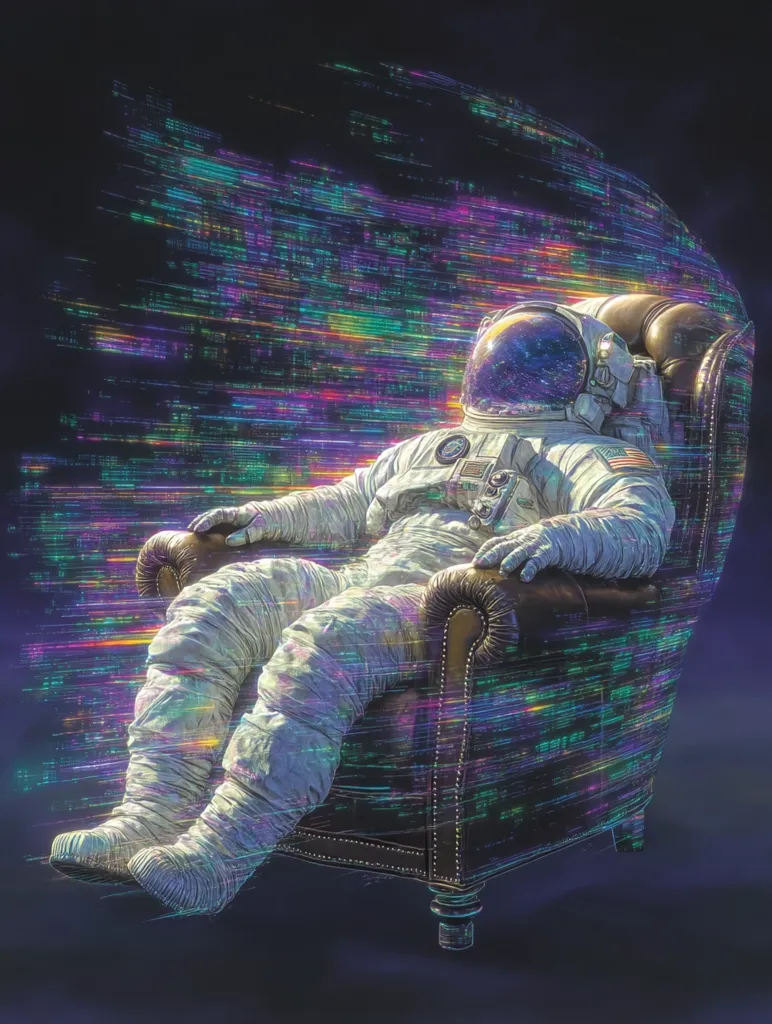 An astronaut, clad in a white spacesuit, relaxes in a dark leather armchair.  Surrounding them is a vibrant, multicolored stream of data, resembling digital code or energy, creating a surreal and futuristic atmosphere. The scene suggests a blend of space exploration and advanced technology, perhaps depicting a moment of digital transcendence or virtual reality experience. The overall tone is calming yet awe-inspiring.
