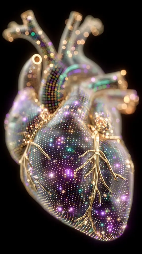 A digital rendering of a human heart, intricately detailed and adorned with golden vessels.  The heart's surface is embellished with countless shimmering particles, evoking the appearance of a galaxy or nebula.  The overall effect is one of ethereal beauty and intricate anatomical precision, merging scientific detail with artistic expression.  The dark background accentuates the heart's luminescence.