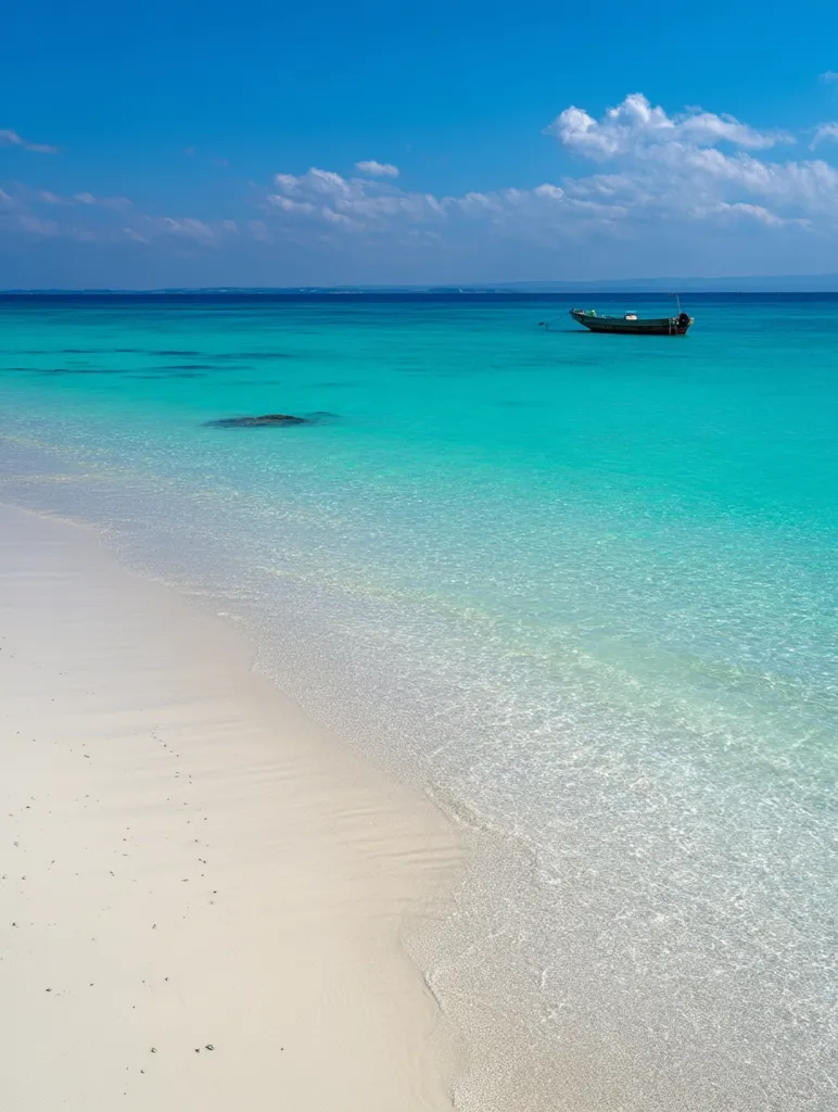 A tranquil beach scene unfolds under a vibrant blue sky.  Clear, turquoise water gently laps a pristine white sand shore.  A single small boat rests peacefully in the calm ocean, a solitary figure against the vastness of the sea. The overall atmosphere is one of serene beauty and untouched paradise.