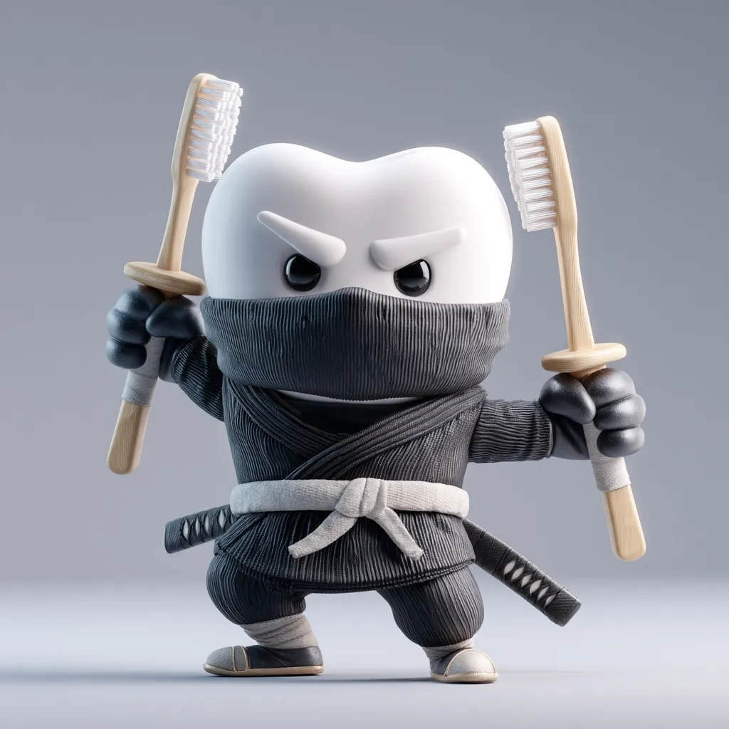 A 3D rendering depicts a cartoon tooth dressed as a ninja.  The tooth, with an angry expression, wields two toothbrushes like swords.  It's clad in a black ninja gi with a white belt and black gloves.  The image is set against a light gray background, creating a striking contrast and emphasizing the character's fierce, yet playful, demeanor.  The overall style is humorous and potentially geared towards dental hygiene awareness.