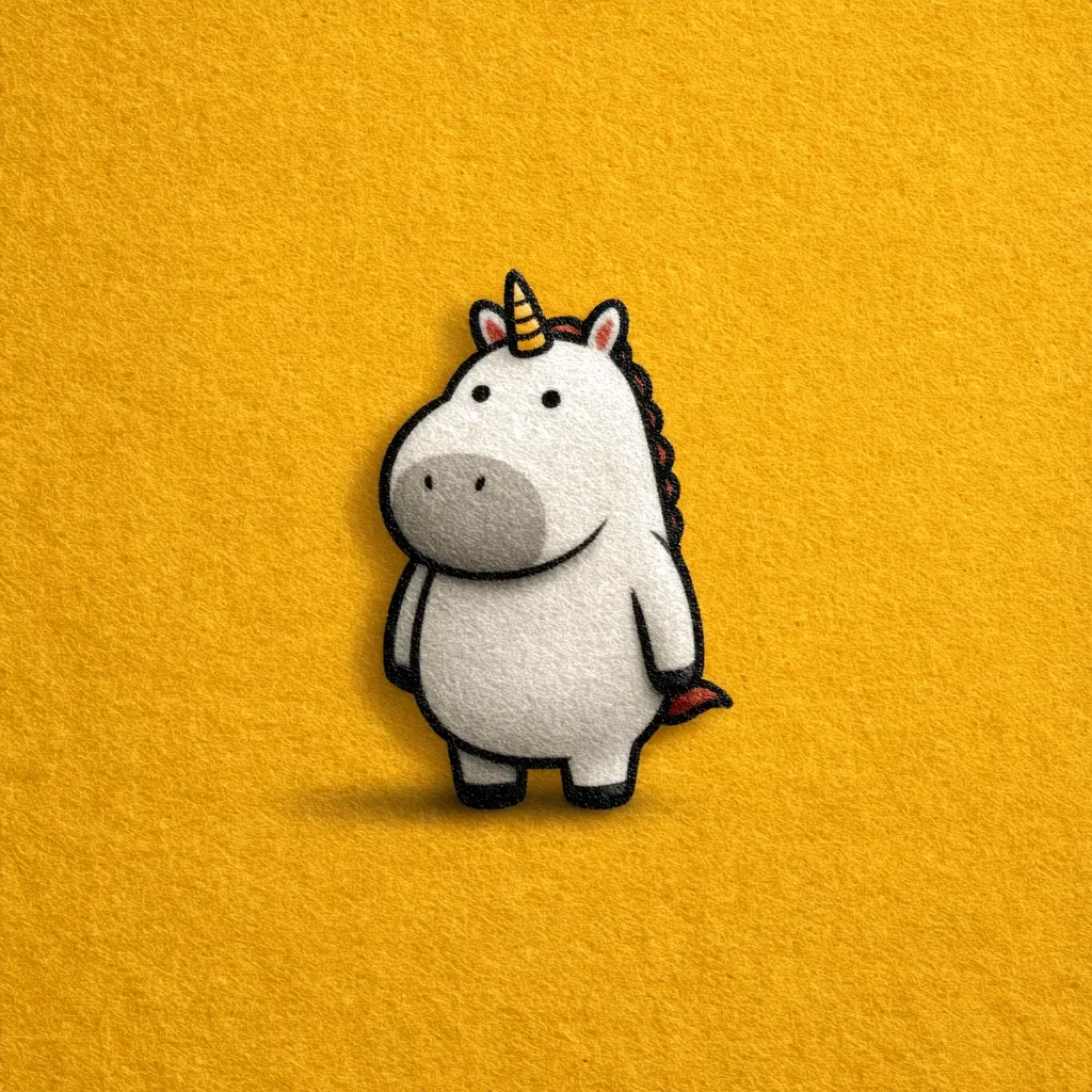 A charming illustration features a chubby, cartoon unicorn standing against a vibrant yellow background.  The unicorn, rendered in a textured, almost felt-like style, possesses a small, gold horn and a short, reddish-brown mane and tail. Its simplistic design and soft coloring create a cute and endearing image.  The yellow background provides a cheerful contrast to the white unicorn.