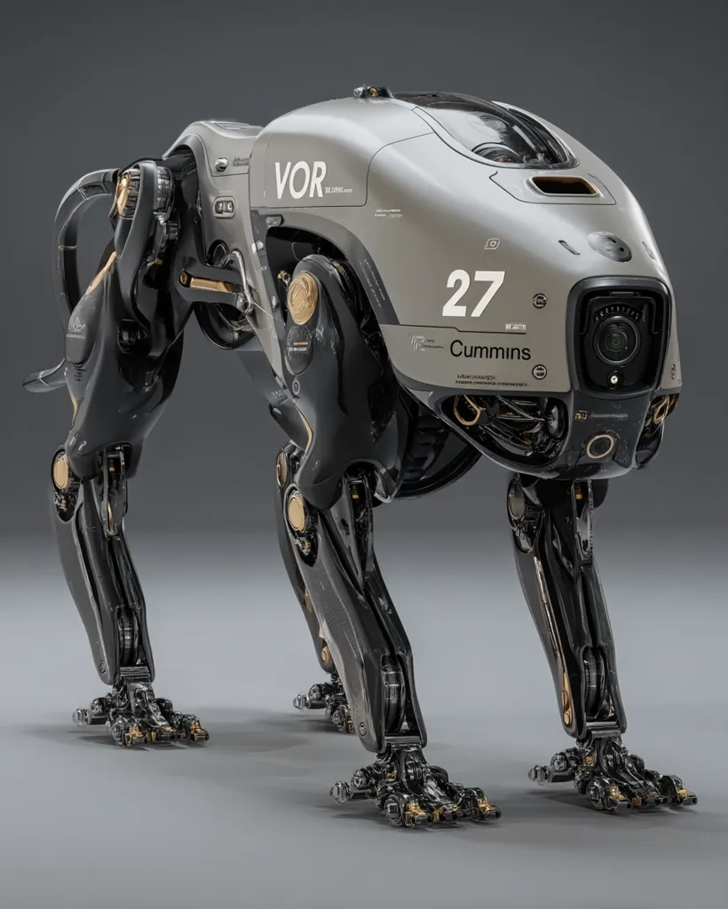 A futuristic quadrupedal robot, resembling a canine, is presented.  Its sleek, grey body bears the number "27" and the "Cummins" logo.  Black and gold accents highlight its intricate mechanical design. The robot stands poised, displaying advanced articulation in its limbs and a camera-like feature on its body. The overall aesthetic suggests a high-tech, possibly racing-related, application.