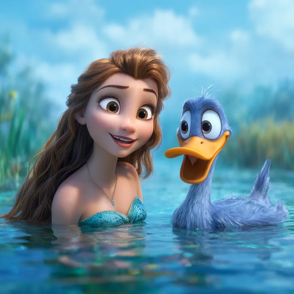 A young woman with long brown hair, wearing a teal-colored, strapless top, smiles while partially submerged in a calm body of water.  Beside her, a fluffy, blue duck with large, expressive eyes looks at her with an open beak.  The scene is idyllic, with a softly blurred background suggesting a tranquil natural setting.  The animation style is vibrant and detailed.