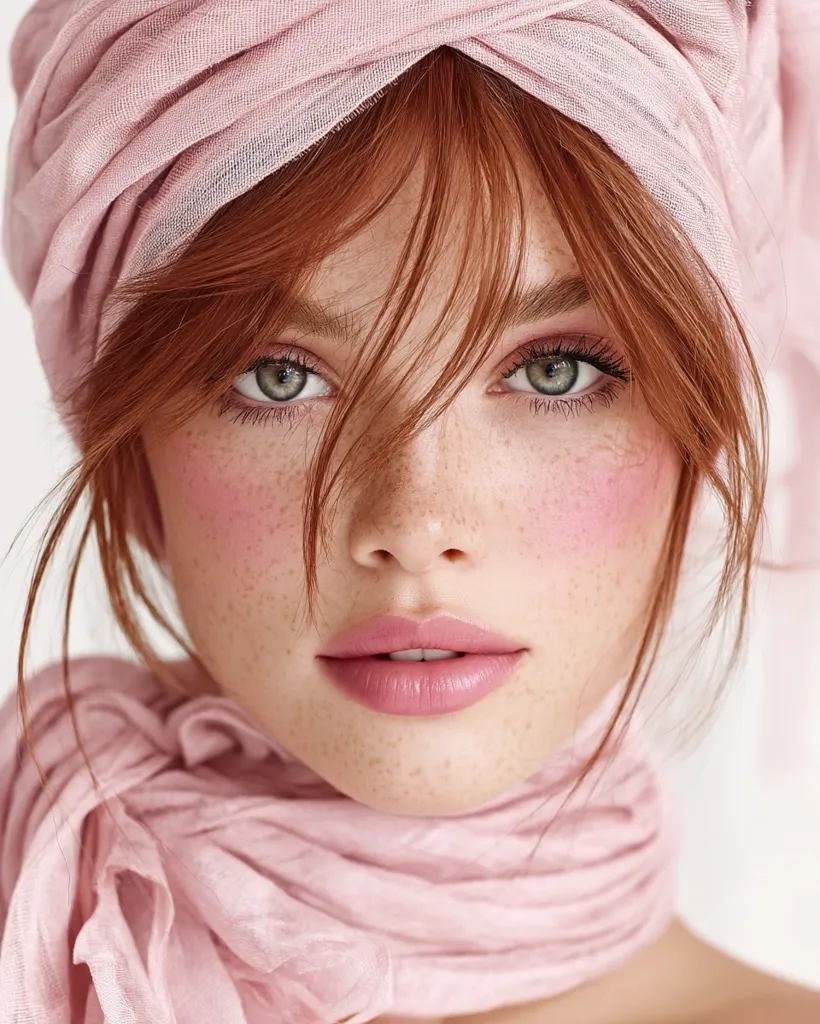 Close-up portrait of a young woman with vibrant red hair and freckles.  She wears a soft pink headscarf draped around her neck and shoulders.  Her makeup is subtle and enhances her natural features, with a focus on rosy cheeks and lips.  The overall mood is delicate and feminine.