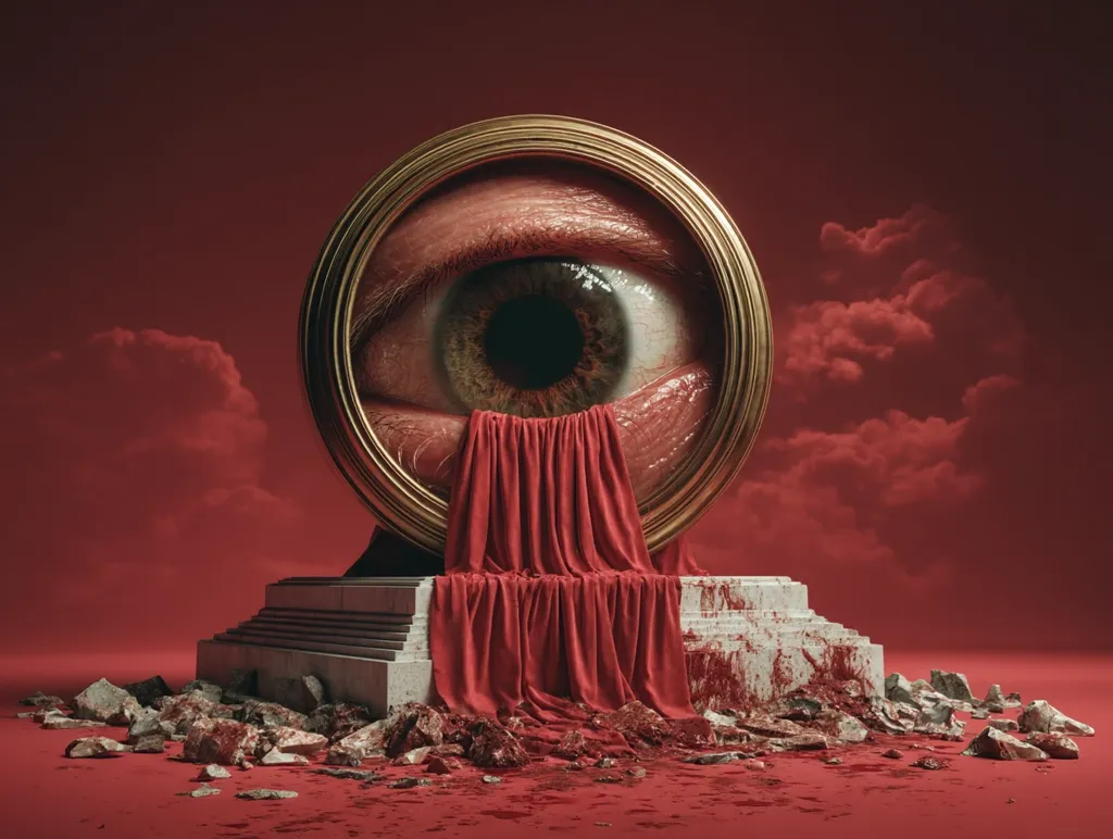 A large eye, seemingly human, is encased within a golden circular frame, resembling a shrine.  A crimson cloth drapes down from the eye onto a blood-stained, stone pedestal. The scene is set against a dark red, ominous sky, with scattered rocks and blood around the base. The overall aesthetic is surreal and unsettling, evoking themes of surveillance, sacrifice, or divine judgment.