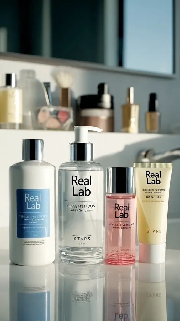 Four Real Lab skincare products are arranged on a bathroom counter.  From left to right: a white bottle labeled "The Clear The Toner," a clear pump bottle of "Ceseet Stroon," a smaller spray bottle of "Core Lime Mood," and a beige tube of "Boocla Airs."  All bottles feature the Real Lab logo and the "Stars" branding.  The setting is bright and clean.