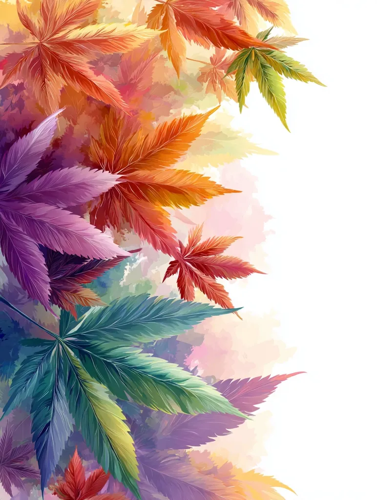 A vibrant watercolor-style illustration features a profusion of stylized leaves in a spectrum of autumnal colors.  The leaves, reminiscent of maple and cannabis leaves, cascade down the image, creating a rich, textured effect against a soft, pastel background.  The colors range from deep reds and oranges to purples, greens, and yellows, suggesting a whimsical, almost fantastical autumnal scene. The overall impression is one of lush beauty and vibrant color.