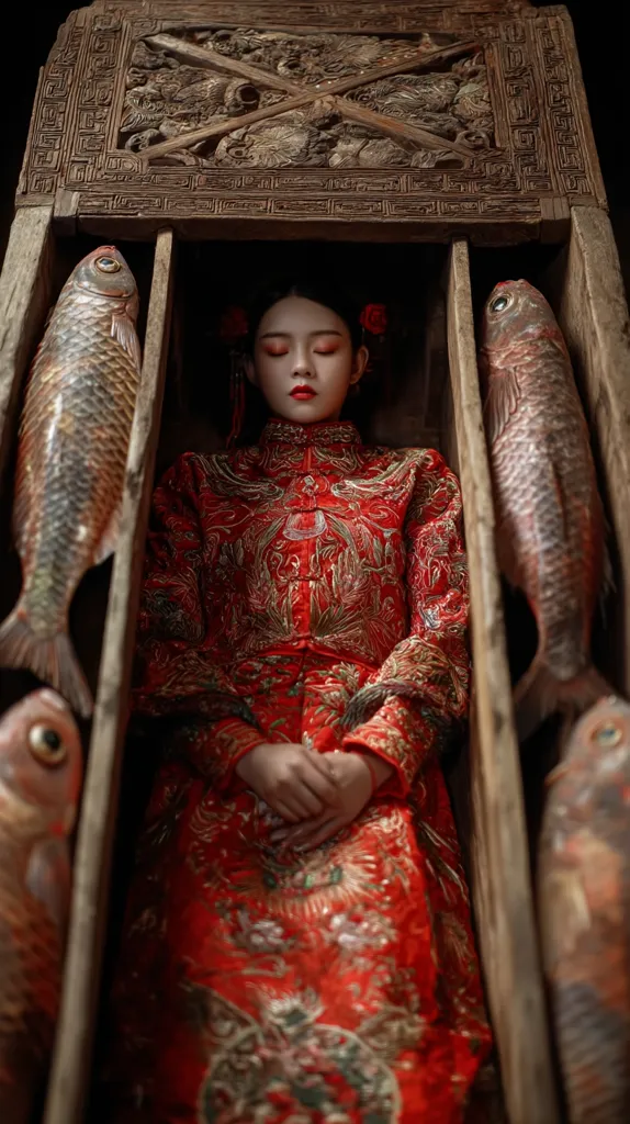 A young woman in a vibrant red embroidered Chinese wedding dress sits calmly within an antique wooden chest.  Large fish flank her on either side, creating a striking visual contrast between the living and the seemingly inanimate. The intricate carvings on the chest add to the image's rich and symbolic atmosphere. The overall mood is one of quiet contemplation and perhaps a touch of mystery.