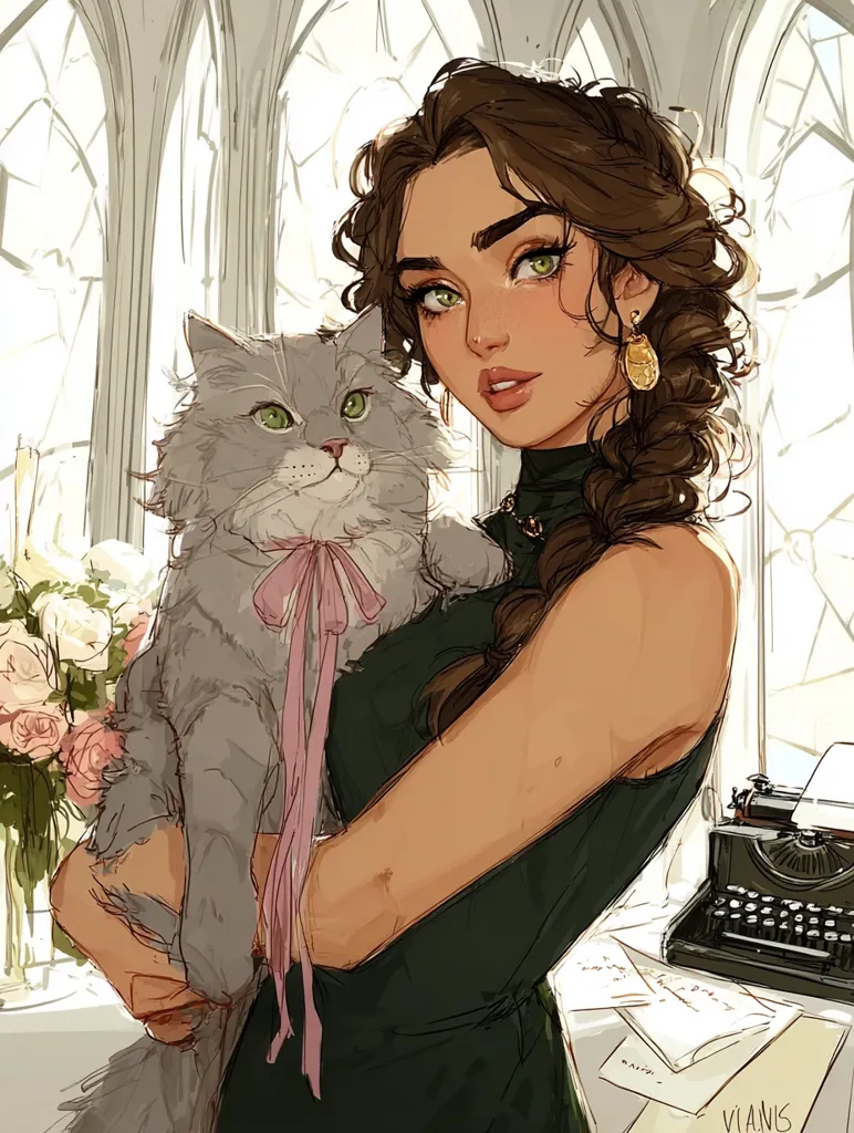 A young woman with long brown hair styled in a braid holds a fluffy gray cat adorned with a pink ribbon.  She's wearing a dark green dress and gold earrings. The scene is set in a sunlit room with large windows and a vintage typewriter sits on a nearby desk with papers scattered around it, suggesting a writer's study or a moment of quiet contemplation.  A bouquet of roses adds to the serene atmosphere.
