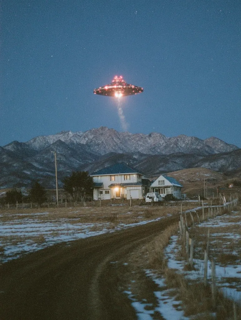 A glowing UFO hovers silently over a snow-dusted rural landscape.  A farmhouse and outbuildings are visible in the foreground, bathed in the twilight.  Mountains rise in the background under a dark blue, star-studded sky.  The scene is serene yet mysterious, suggesting a moment of otherworldly encounter in a peaceful setting.