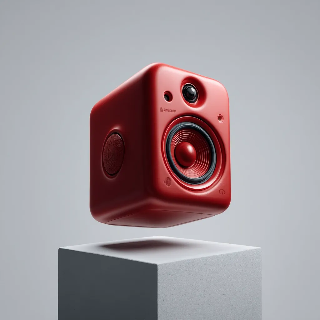 A vibrant red cube-shaped speaker floats above a minimalist white cube.  The speaker features a prominent circular speaker grille, a small microphone, and subtle control icons.  Its smooth, matte finish suggests a high-quality audio device with a modern design aesthetic. The image is set against a plain grey background, emphasizing the speaker's bold color and form.