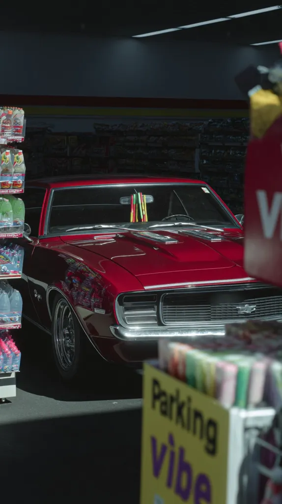A classic red Chevrolet Camaro is parked inside a dimly lit convenience store.  The car is polished and gleaming, partially obscured by store displays.  Brightly colored candy and drinks are visible on shelves flanking the vehicle. A yellow sign reading "Parking Vibe" is in the foreground, adding a playful contrast to the vintage muscle car's presence.
