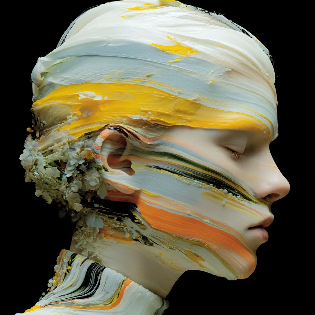 A profile view of a person's head and shoulders, their face and hair seemingly sculpted from thick, impasto paint strokes in shades of white, yellow, orange, and gray.  Small, delicate floral elements are incorporated into the paint around the ear. The overall effect is one of abstract beauty, blurring the lines between painting and portraiture. The background is black, emphasizing the vibrancy of the colors.