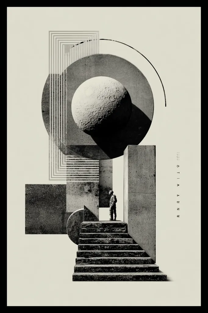 A monochromatic artwork features a figure in a spacesuit standing atop a staircase.  Geometric concrete forms, including circles and rectangles, create an abstract architectural scene.  A large, textured sphere resembling the moon dominates the upper portion, adding a celestial element to the stark, minimalist composition. The overall style is a blend of geometric abstraction and surrealism.