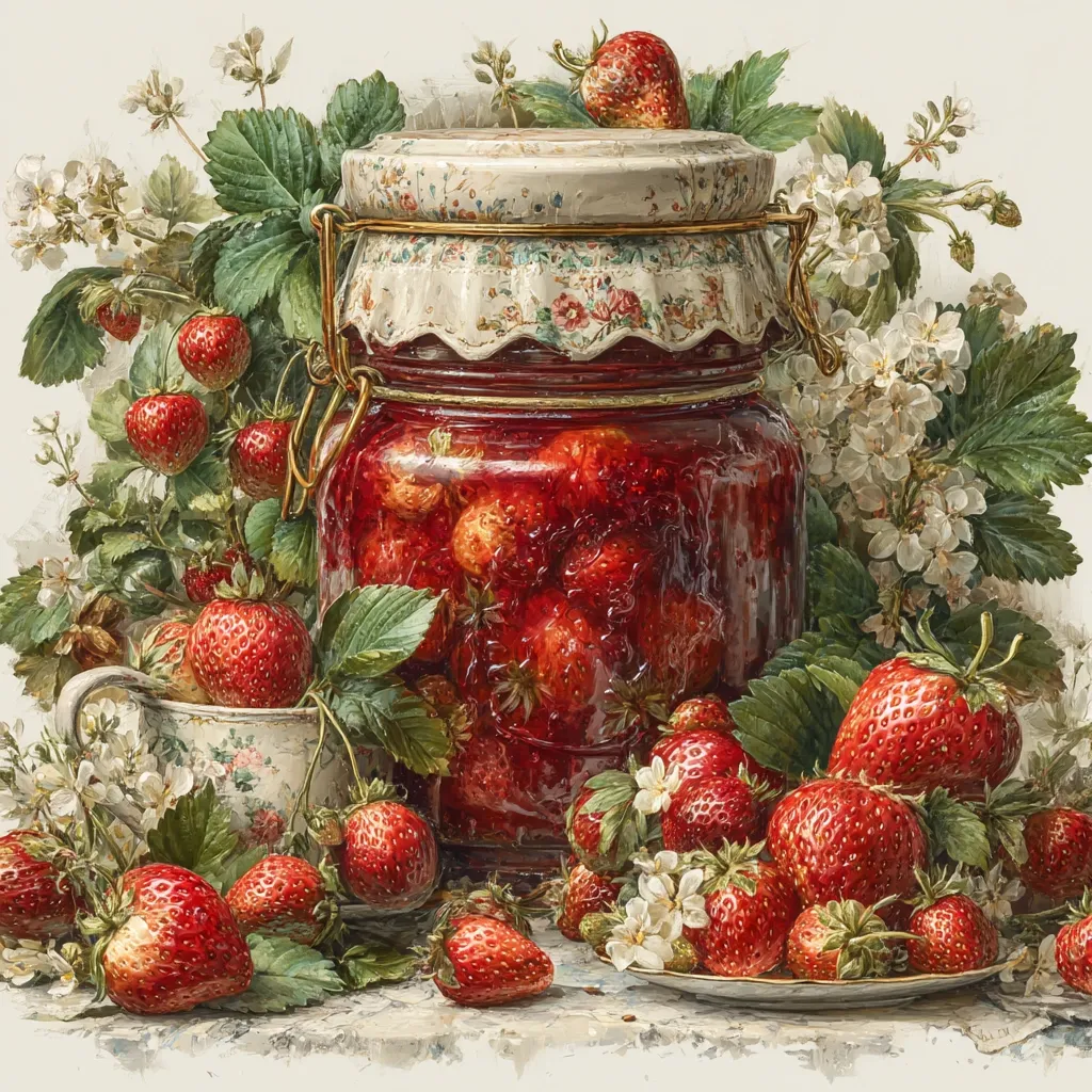A still life painting showcases a large jar of strawberry jam, surrounded by fresh strawberries and delicate white blossoms.  The jam jar features a decorative lid and sits amidst lush green foliage.  Several strawberries are arranged on a small plate nearby, adding to the abundance of ripe, red fruit. A small patterned teacup rests in the scene, completing the idyllic summer composition.
