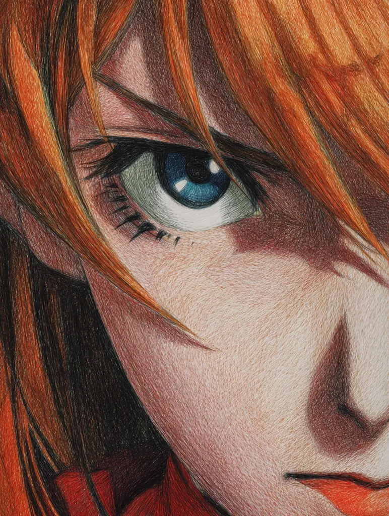 A close-up, thread-based artwork depicts a stylized female anime character.  Her fiery orange hair frames a striking blue eye, detailed with meticulous stitching that creates a textured effect. The shading and highlights on her face, particularly around her eye and nose, showcase the artist's skill.  A hint of red clothing is visible at the bottom.  The overall style is highly realistic within the anime aesthetic.