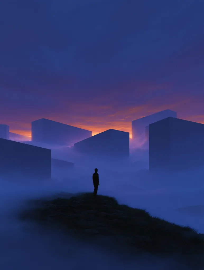 A lone figure stands silhouetted against a misty landscape at twilight.  Large, block-like structures loom in the background, shrouded in fog under a vibrant, purple and orange sky. The scene evokes a sense of mystery and isolation, a solitary human in a surreal, almost otherworldly environment.  The overall mood is melancholic and contemplative.